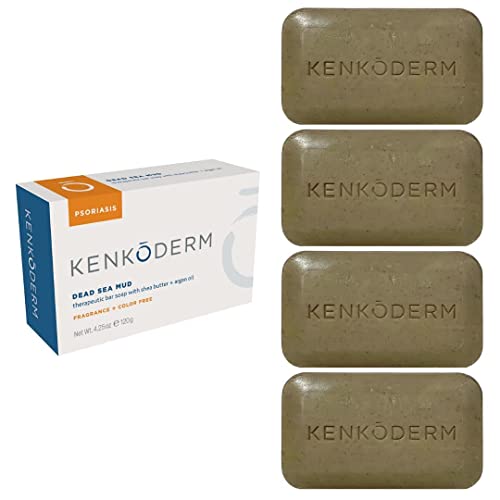 Kenkoderm Psoriasis Dead Sea Mud Soap with Argan Oil & Shea Butter Natural Exfoliating Body & Face Cleanser for Sensitive Skin Fragrance & Color-Free 4.25 Ounce 4 Bars