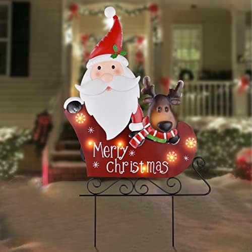 Solar Christmas Metal Decorations, Santa Claus and Reindeer on The Sleigh, Solar Christmas Yard Stakes, Outdoor Christmas Decor with Led Lights(2 Lighting Modes) for Porch, Lawn and Garden.