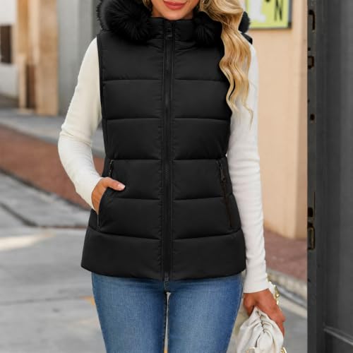 Puffer Vest Women Slim Hooded Faux Fur Collar Sleeveless Quilted Outerwear - image 2