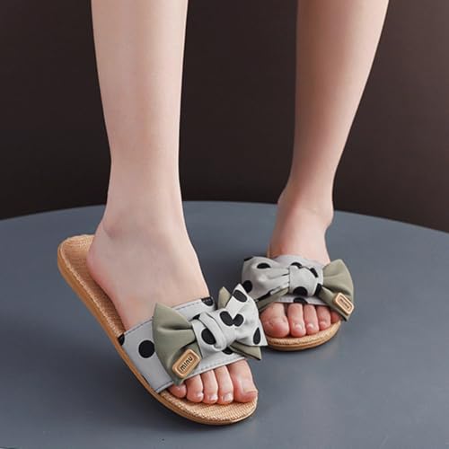 Linen Sandals for Women Cute Polka Dot Bowknot House Shoes Four Seasons Open Toe Non-slip Indoor Outdoor Slippers 20253