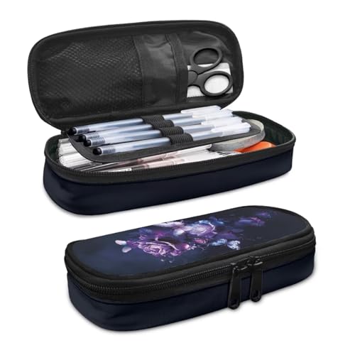 Image of Purple Rose Flowers Butterflies Pencil Case Box, Big Capacity Pen Pouch Pencil Holder for Preschool Kindergarten Elementary Middle School Student