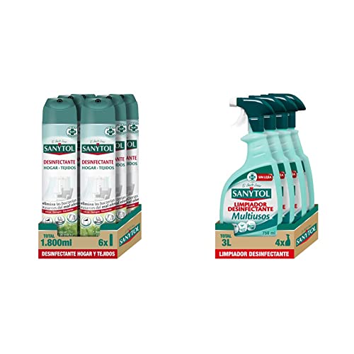 Sanytol – Desinfectante Hogar y Tejidos, Elimina Bacterias, Virus y Hongos Sin Lejía, Perfume Herbal - Pack de 6 x 300 ML = 1,8L & Limpiador Desinfectante Multiusos - Pack de 4 x 750 Ml = 3L