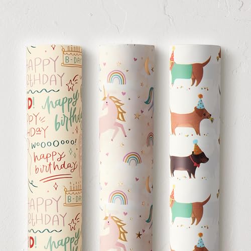 Minted Gift Wrap Kids Pack with Birthday Magical Unicorns & Party Dogs Designs, Set of 3 Rolls, Water Resistant Wrapping Paper, Gift Wrap for Birthday, Baby Shower, Kids Gifts & Special Occasions