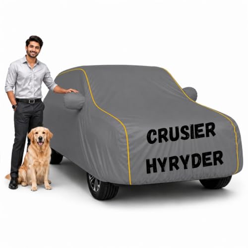 Image of Waterproof Car Cover for Crusier Hyryder | Soft Cotton Lining Heavy Duty Triple Stitched Heat Resistant Outdoor Cover Comes with Mirror and Antenna Pocket Full Bottom Elastic (Zig Zag Grey)