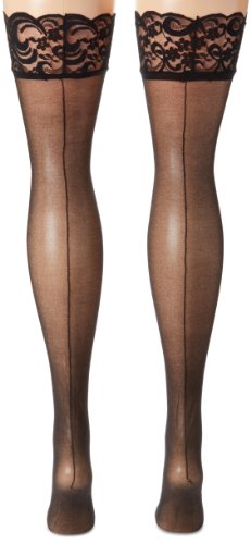 Image of Music Legs Women's Plus 2 Pack Backseam Sheer Thigh Hi with Lace Top, Black /Black, One Size