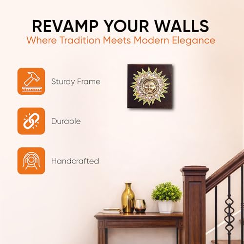 Image of Surya Wall Accent with beautiful Brass Sculpture of Surya Dev | Handcrafted Wall Art for Home Decor & Office Spaces