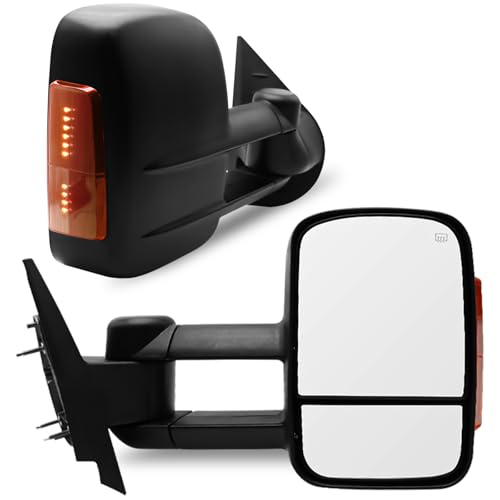 Perfit Zone Towing Mirrors Compatible for 2007-2014 Silverado 1500 2500 3500 HD Tahoe GMC Sierra Yukon Suburban Avalanche, With Amber Signal LED Light Power Heated Manual Floding Set Pair BLACK