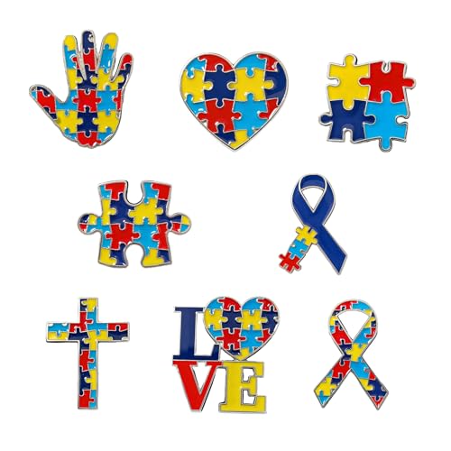 MALOYANVE 8 PCS Autism Awareness Pins Set Colorful Inspirational Puzzle Ribbon Heart Hand Cross Lapel Pins for Backpacks Jackets Hats Autism Awareness Support Accessories Gifts (Red)