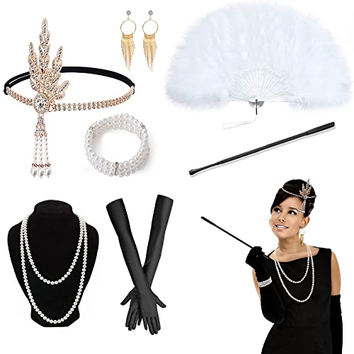 KIPIDA 1920 Accessories, Ensemble à Thème des Années 20, Femme Costume Set, Charleston Accessoires avec Serre-tête, Longs Gants Noirs, Collier, Boucles d'oreilles, Éventail pour Christmas Carnaval Cover