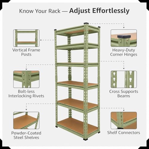 Image of BonKaso Adjustable 6-Shelf Metal Storage Rack | Heavy-Duty Steel Boltless Rivet Utility Shelving Unit for Garage, Kitchen & Office | 62 Inches Height (62 x 24 x 12 in) - Olive Green