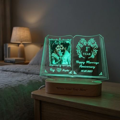 Image of Personalized 3D Illusion LED Table Lamp Book Shape Customized Photo Lamp for Couple Gift Anniversary, Wedding, Marriage, Valentine Day- Your Wooden Base Text Egraved, Brother Sister