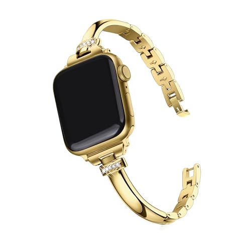 Secbolt SEA4LL-631 Bands Compatible With Apple Watch Band 38Mm 40Mm 41Mm 42Mm(Series 10) Iwatch Se Series 10/9/8/7/6/5/4/3/2/1, Slim Dressy Metal Bracelets With Rhinestones For Women, Yellow Gold cover