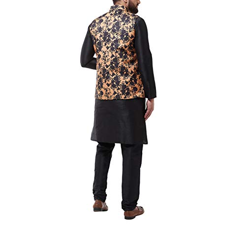Image of SOJANYA (Since 1958 Men's Silk Blend Black Kurta Pyjama & Printed Nehrujacket Combo
