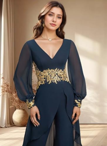 Long Sleeve Mother of The Bride Pant Suits for Wedding 2 Pieces V Neck Floral Formal Outfits for Women3