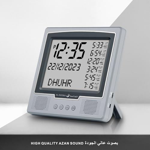 Al salama Azan Wecker Tischuhr, Automatisch Weltweit Digital 8 Azan Gebet Töne, muslimische Gebetsuhr für Home Decor, Ramadan Geschenk (Grau)