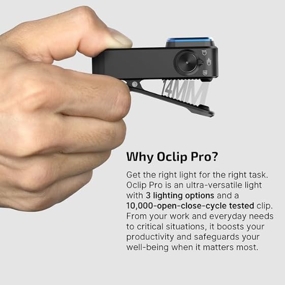 Oclip Pro latarka z klipsem, 3 tryby świecenia, reflektor 500 lumenów, reflektor 120 m, sygnał czerwonego światła, funkcja blokowania i odblokowywania