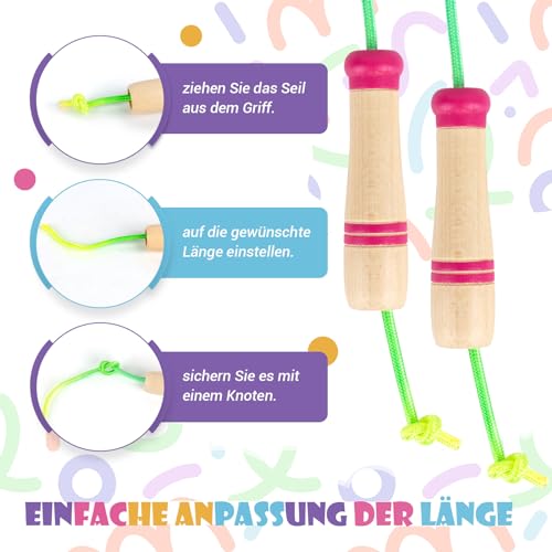 Springseil Kinder, Verstellbare Springseil mit Holzgriff und Regenbogen – Ansicht 4