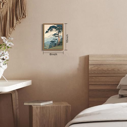 Image of Vintage Japanese Forest Framed Canvas Wall Art - Tranquil Mountain Landscape Painting Print, Retro Nature Tree Scene Decor for Living Room Bedroom Nursery Office Home 8x10 inch