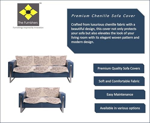 Image of Beige Phoolkari Chenille Woven Anti-Slip 3 Seater + 2 Seater Sofa Cover | L-Shape Sofa Seat Protector for Living Room | Durable & Stylish Slipcover