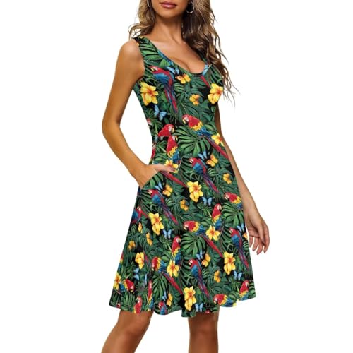 Image of Women Stylish Tank Dresses Sleeveless Round Neck Midi Casual Dress with Pocket for Summer