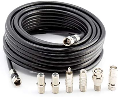 Digital Coaxial Cable Kit with Universal Ends -RG6 Coax Cable and six (6) Piece Adapter Kit Includes Male Female RCA BNC F81, and Barrel Connectors - Black, 30 Feet