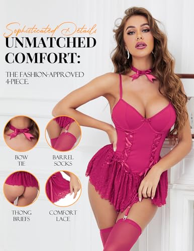 Tidouk Women's Sexy Lingerie Set,4-Piece Lace Babydoll Underwire Lingerie Set with Bow tie & Panty & Garter Stockings Rose Red — view 3
