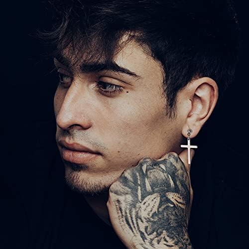 Kakonia 22 Pcs Dangle Earrings for Men Stainless Steel Hinged Huggie Hoop Earrings Punk Long Chain Stud Snake Feather Sword Cross Dangle Kpop Earrings for Men Black and Sliver Tone