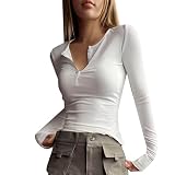 Damen Casual Fashion Sexy V-Kragen Knopf Slim Spitzenärmel Kurzarm T-Shirt Sexy Kostüme (White, XL)