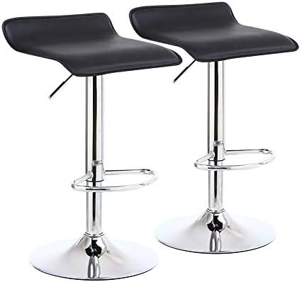 KKTONER 2 x Square Bar Stools PU Leather Swivel Adjustable Counter Stool Office Chair With Footrest (Black)