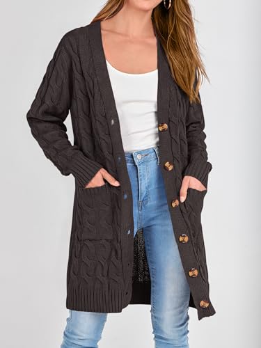 Image of PRETTYGARDEN Long Sleeve Cable Knit Long Cardigan for Women 2026 Spring Winter Chunky Open Front Button Sweaters with Pockets