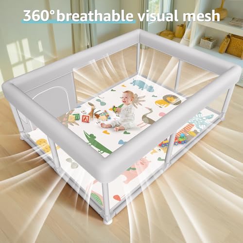 Image of Hiaksedt Baby Playpen with Mat 65 x 50 Inch, PlayPen for Babies and Toddlers, Sturdy Safety Play Yard for Indoor & Outdoor with Zipper Gates