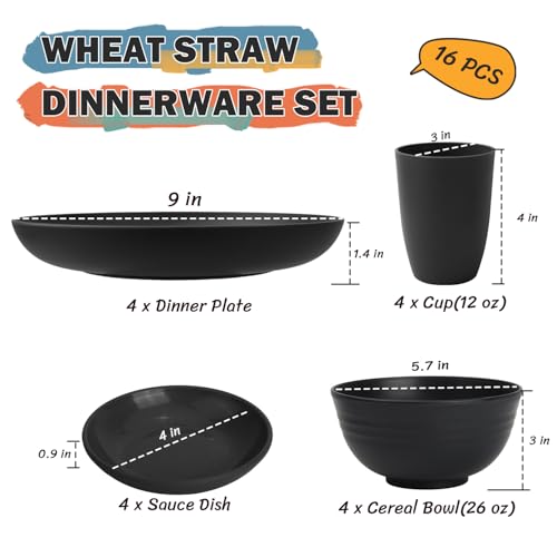 Image of Wheat Straw Dinnerware Sets 16 PCS, Unbreakable Kids Plates and Bowls for 4-9 IN Plates, 26 OZ Cereal Bowls, 2 OZ Dipping Bowl, 12 OZ Cups, Dishwasher & Microwave Safe Plate Set - Black