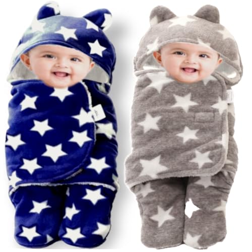 Image of BRANDONN Baby Blankets New Born Combo Pack of Wearable Swaddle Wrapper Security Blanket for Kids for 0-6 Month Babies (Grey, Navyblue, 70 cm x 70 cm)