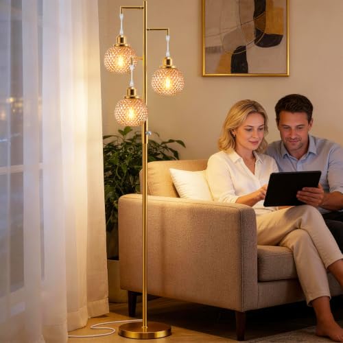Image of QiMH Glass Floor Lamps for Living Room, Standing Lamp for Bedroom, Amber