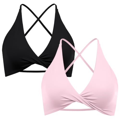 SUUKSESS Women 2 Piece Open Back Strappy Sports Bra Pack Twist Front V Neck Padded Workout Crops (#2 Pink & Black, S)