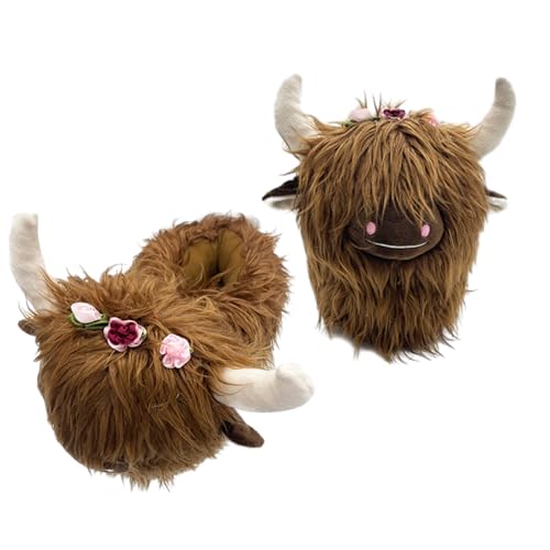 Highland Cow Slippers, Cute Plush Cow Slippers For Women Adult, Cartoon Fluffy Fur Animal Scottish Cattle Slippers