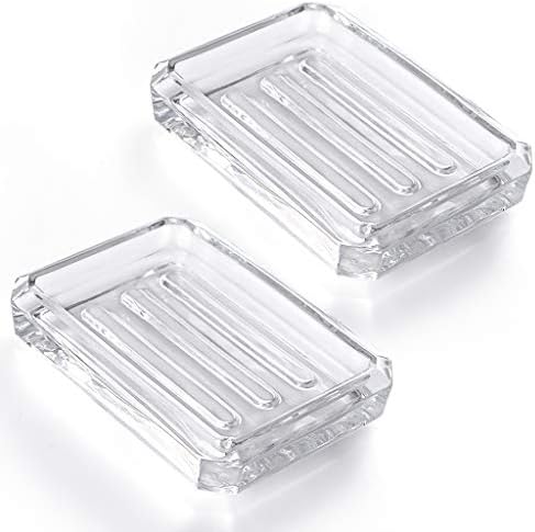 MDLUU 2-Pack Glass Bar Soap Dish, Decorative Soap Saver Tray for Shower, Bathtub, Bathroom Sink, Kitchen Sink (Square)
