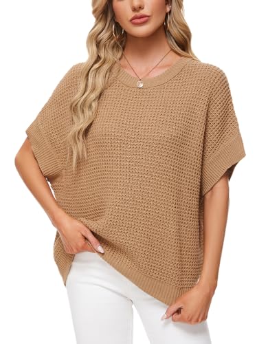 Image of MINTLIMIT Womens Batwing Short Sleeve Sweaters Loose Oversized Waffle Knit Pullover Sweater Top