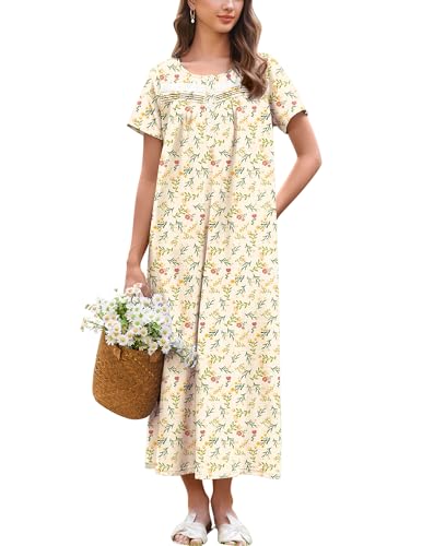 Image of Ekouaer Nightgown for Women Cotton Long Night Gown Short Sleeve Nightdress with Pockets Button Sleepshirt Soft Sleepwear