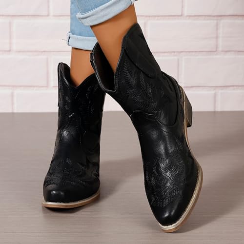 Cowboy-Boots-for-Women-Booties-Ankle-Cowgirl-Western-Boots-Stitched-Embroidered-Pointed-Toe-Short-Chunky-Classic-Brown-Red-Blue-US6-105