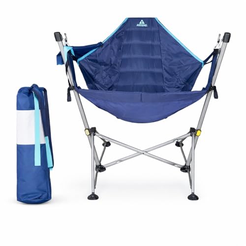 Image of Garden Art Foldable Hammock Camping Chair with Stand, Lightweight Swing Lounge Seat for Outdoor, Garden, Balcony, Beach, Travel, Alloy Steel, Blue, Carry Bag Included