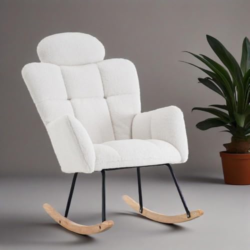 NoeBanJe Rocking Chair Nursery, Teddy Upholstered Glider Rocker Rocking, Modern Accent Armchair with High Backrest and Pillow for Living Room, Bedroom, Offices, Balcony, Nursery (Ivory)