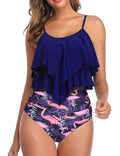 Vancavoo Traje de Baño de Mujer Conjunto de Frill Bikini Sexy Bañador Cuello Halter Push up Sujetador Acolchado Top con Volantes Braga de Cintura Alta Talla Grande Dos Piezas Sets (Navy, M)