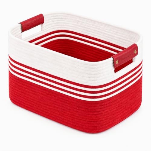 Image of 25.4GAL Collapsible Cotton Rope Extra Large Storage Basket For Bedroom Closet, Boho Rectangular Big Short Hamper Woven Storage Baskets for Living Room Throw Pillows Blankets Dirty Clothes,White Red