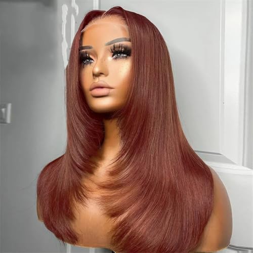 Perruque lace wig 13x4x1 marron cuivré de 28 pouces en cheveux humains lisses