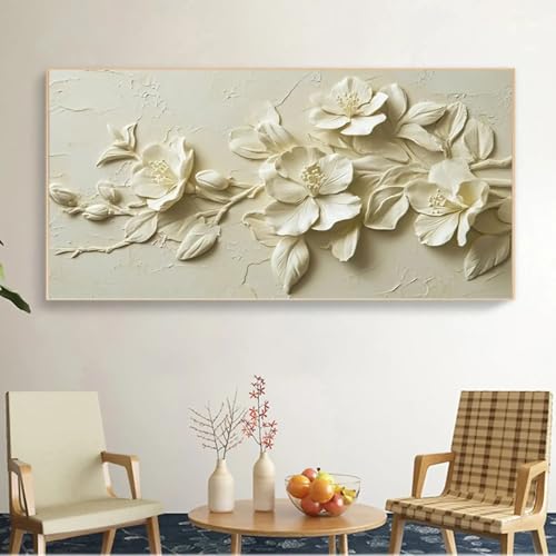 Peinture abstraite 3D sur toile décoration murale salon fleurs blanches 40x80