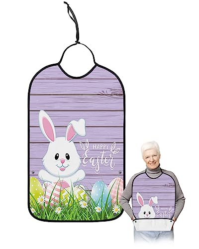 Purple Adult Bib for Eating with Crumb Catcher,Washable & Waterproof Terry Cloth Adjustable Elderly Women Men Bibs Funny Clothing Protector Easter Bunny Easter Eggs Rustic Rustic Wooden Green Plant