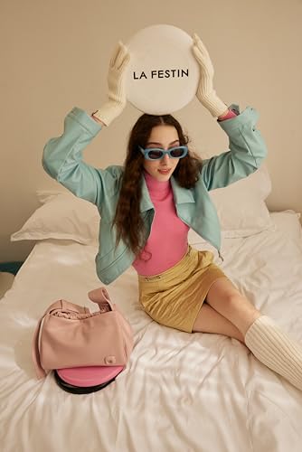 LAFESTIN PU Leather Shoulder Bag For Women, Stylish Women's Shoulder Handbags with Adjustable Strap, Drawstring Closure, Inner Zipper Pocket, Peach3