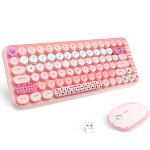 LexonElec 308i Pink Wireless Keyboard and Mouse Set, Retro Typewriter with Cute Gradient Round Keycaps, Soft Touch Keyboard, for Mac/Windows/PC/Lapto