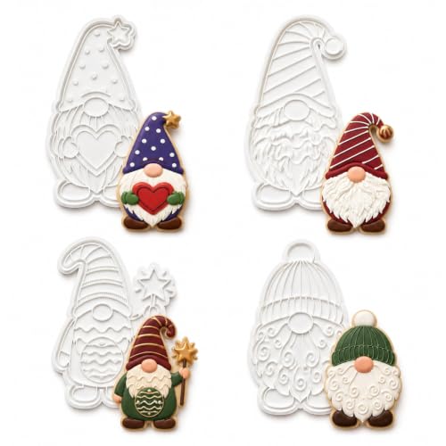 Flycalf 4PCS Christmas Gnome Cookie Cutter Set with Embosser 5 inch